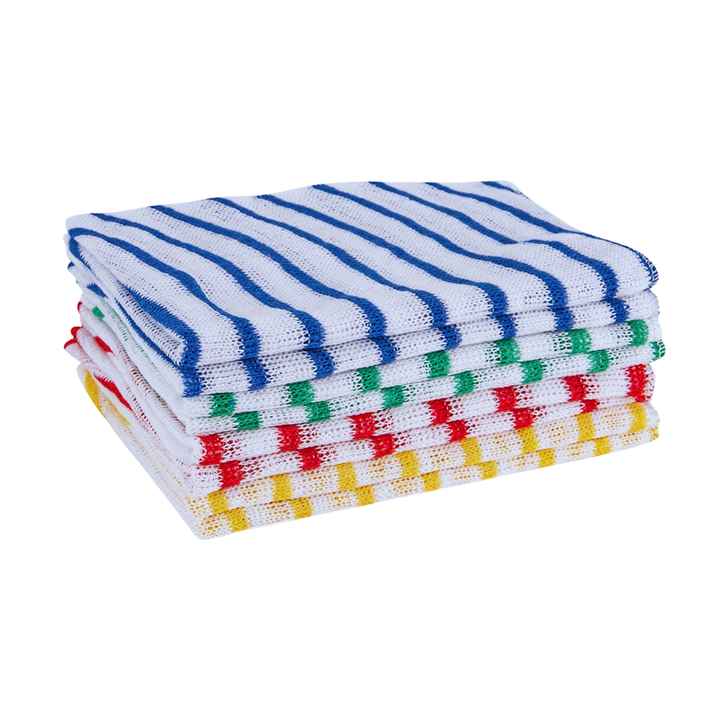 Stack of colorful striped towels on a white background