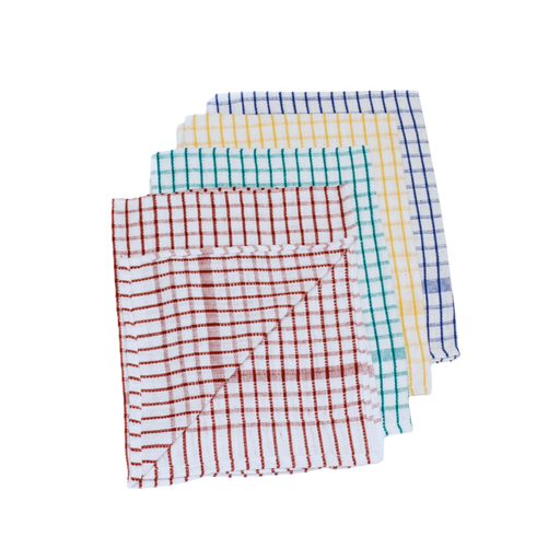 Set of four checkered tea towels in red, green, yellow, and blue on a white background