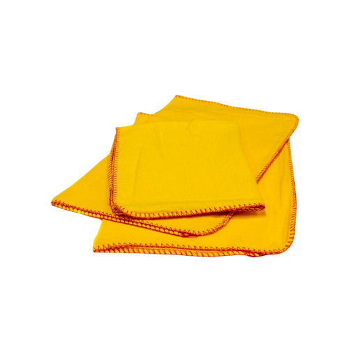Yellow microfiber cloths stacked on a white background