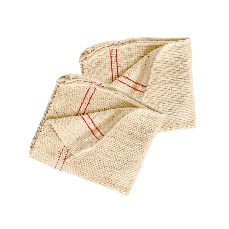 Folded beige towel with red lines on a white background