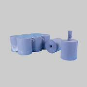 Blue rolls of paper towels on a white background