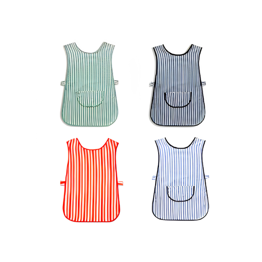 Four striped aprons in green, black and white, red, and blue and white on a white background.