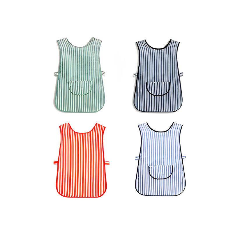 Four striped aprons in green, black and white, red, and blue and white on a white background.