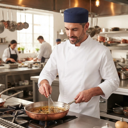 A male chef in a white uniform and navy blue hat stirs a copper pan with a whisk in a bright, professional kitchen.