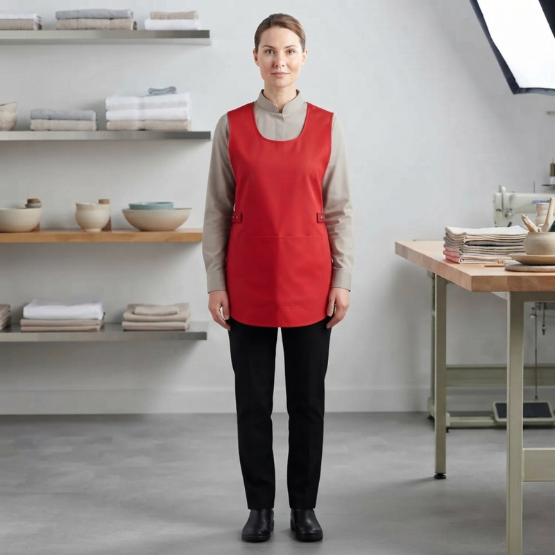 A woman stands in a bright studio or workshop wearing a red apron over a beige long-sleeve top and black pants. Shelves with folded textiles and a worktable are visible in the background.