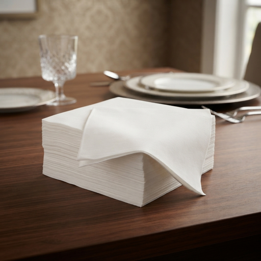 A stack of white paper napkins with one folded over, displayed on a dark wood dining table with plates, a glass, and cutlery in the background.