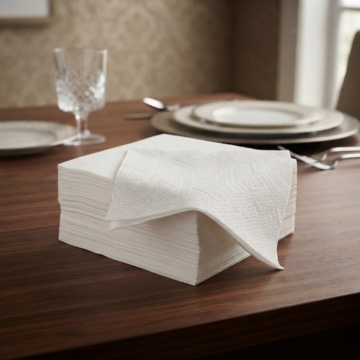 A stack of white paper napkins with one folded over, displayed on a dark wood dining table with plates, a glass, and cutlery in the background.