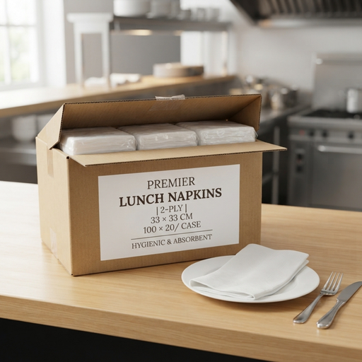 A brown cardboard box labeled 'PREMIER LUNCH NAPKINS' sits open on a light wood kitchen counter, with folded white napkins visible inside. A white plate with a folded napkin and silver fork and knife are placed in front, and a blurred kitchen environment is in the background.