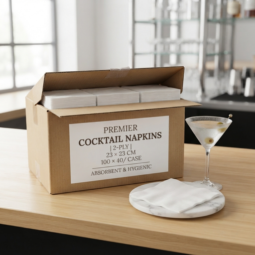 A cardboard box of Premier Cocktail Napkins sits on a light wood counter next to a filled martini glass and a folded white napkin on a marble coaster. The box label reads 'PREMIER COCKTAIL NAPKINS'.